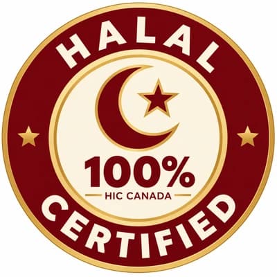 100% Halal certified badge, certified by HIC Canada