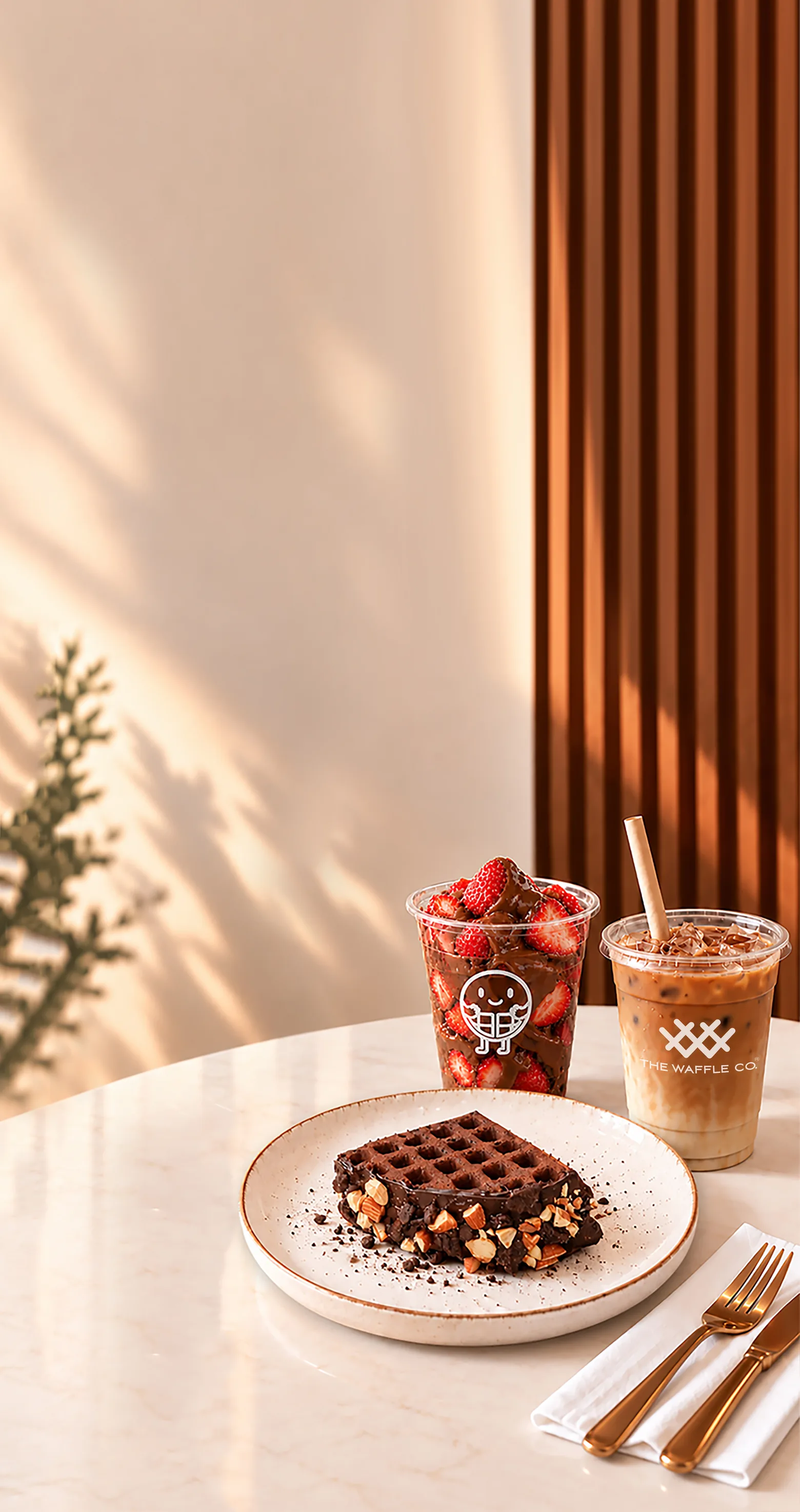 Chocolate almond waffle sandwich, strawberry Nutella cup and iced coffee on a marble table at The Waffle Co. dessert café