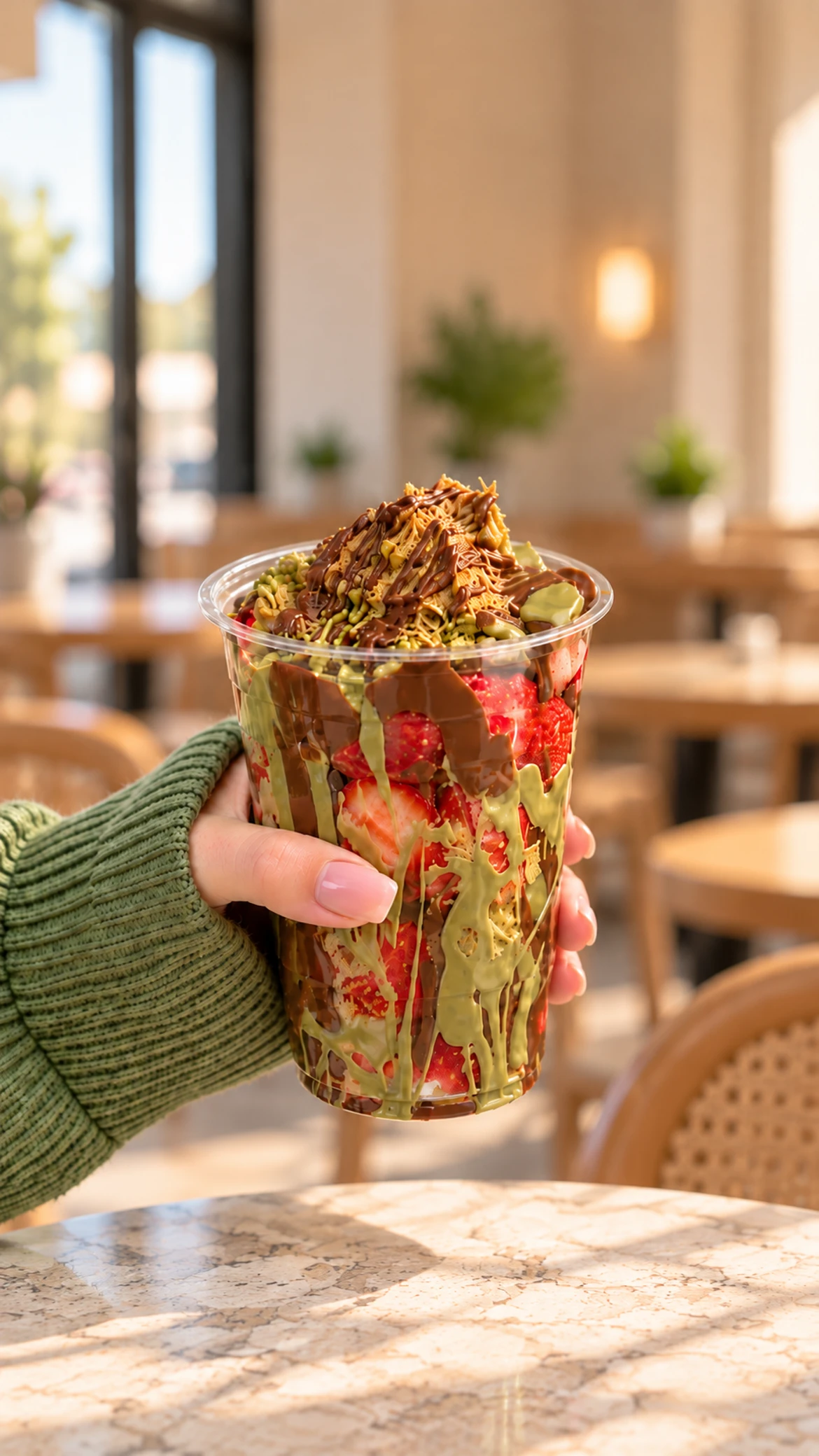 Hand holding a Dubai-style chocolate, strawberry and pistachio dessert cup at The Waffle Co. dessert café