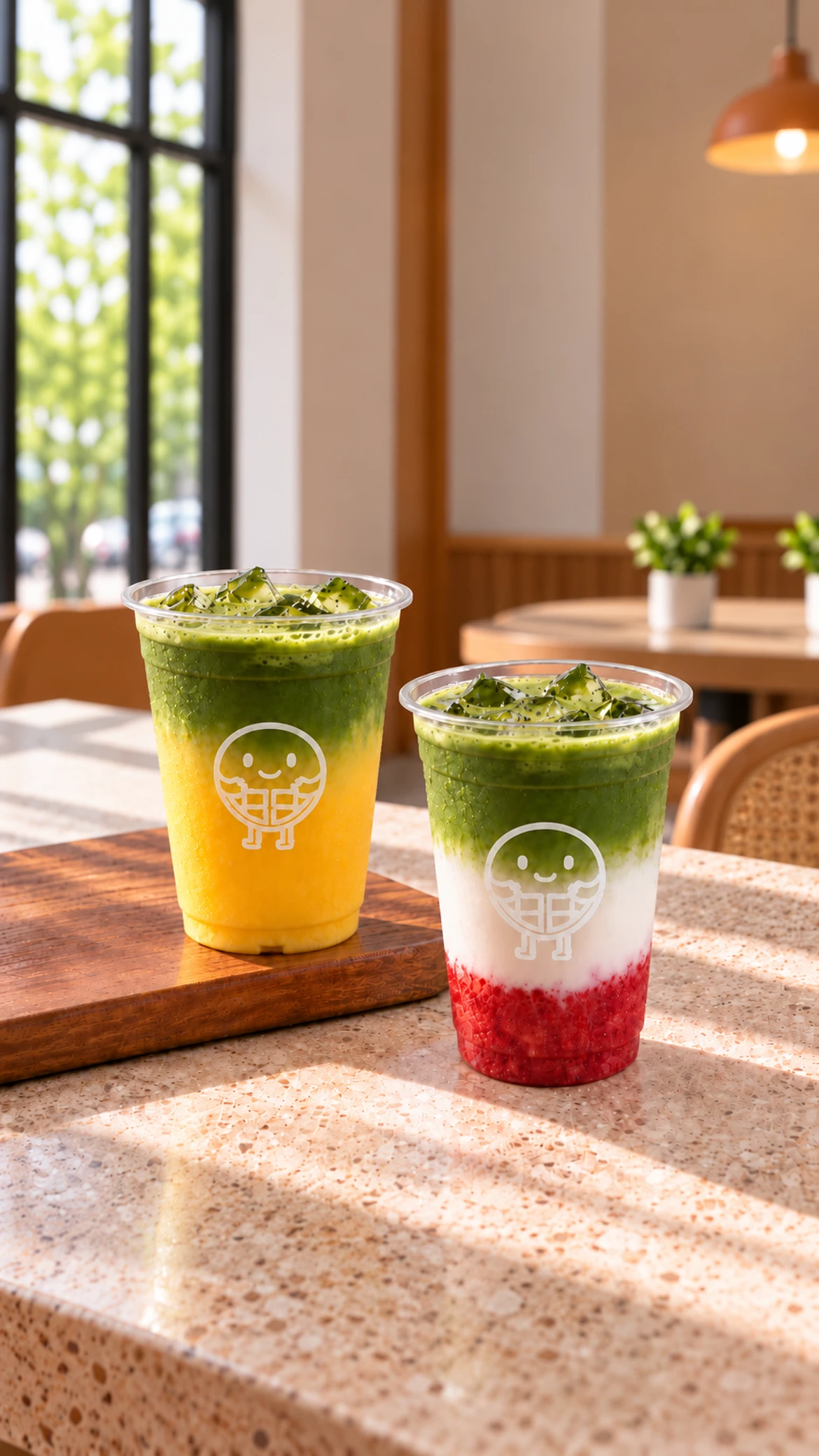 Iced mango matcha and strawberry matcha drinks on a café table at The Waffle Co.